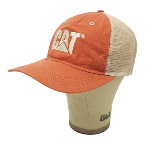 CAT Equipment Embroidered Mesh Strapback Cap Trucker Baseball Hat Orange Tan - Picture 2 of 14